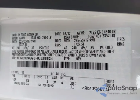 2017 Ford Escape Se from USA, damaged, VIN 1FMCU9G93HUE88824